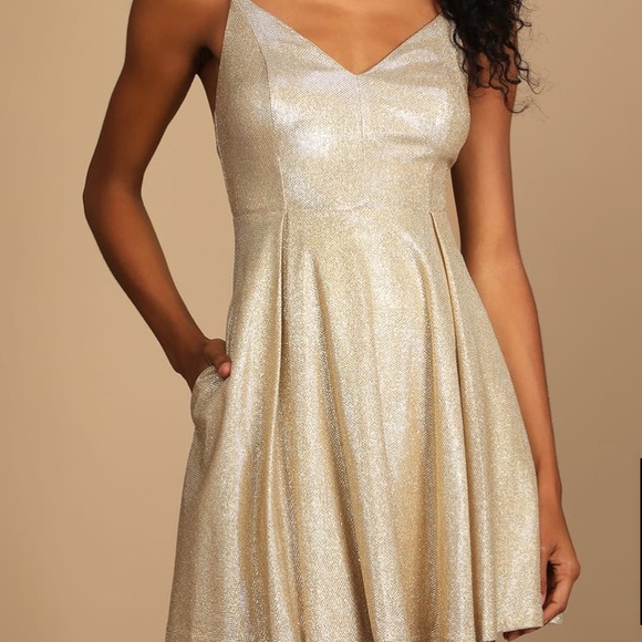 GUC Lulu’s lookout weekend sparkly gold skater dress with pockets size XL - Picture 3 of 14
